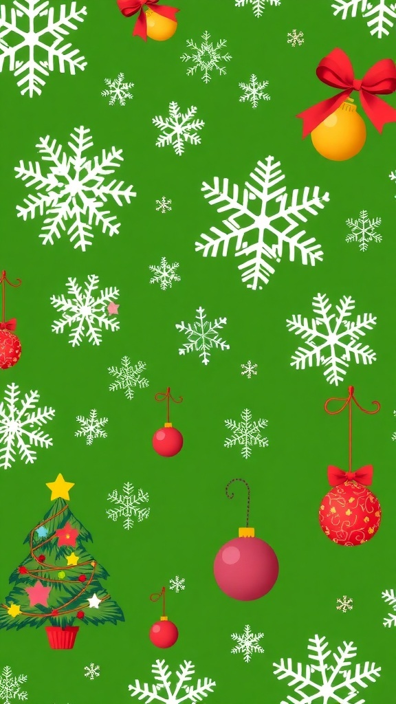 Festive green Christmas wallpaper with snowflakes and ornaments.